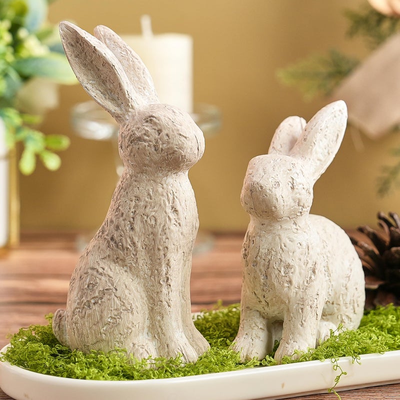AOMOONOA Beige Easter Bunny Decor, Bunny Figurines Set of 2, Resin Rabbit Decor with Stone-Look Finish, Vintage Bunnies Statue for Spring Table Centerpiece, Rustic Home, Farmhouse Mantle Shelf Decor - Image 1