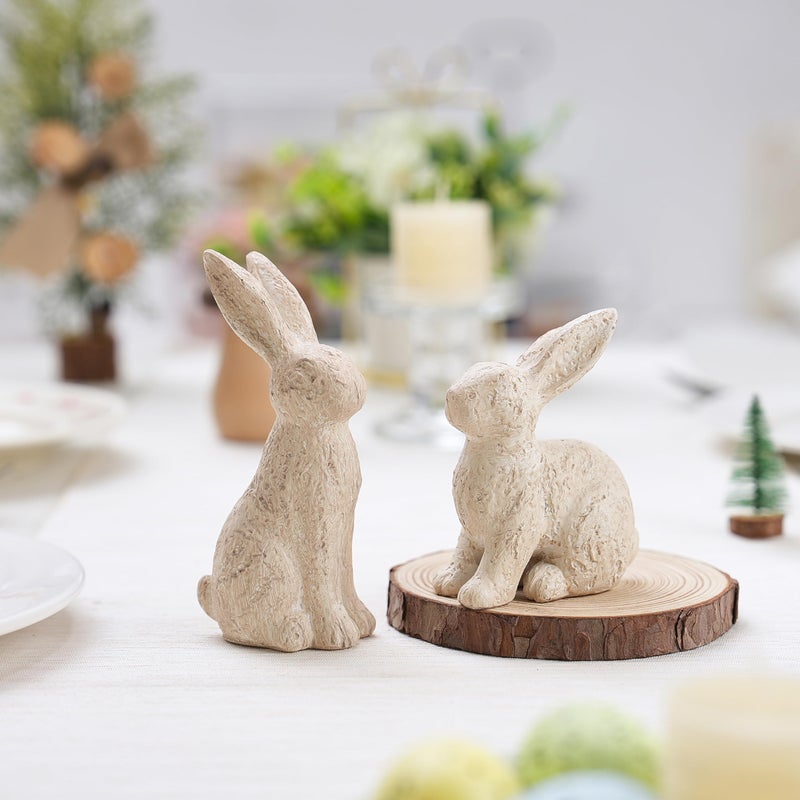 AOMOONOA Beige Easter Bunny Decor, Bunny Figurines Set of 2, Resin Rabbit Decor with Stone-Look Finish, Vintage Bunnies Statue for Spring Table Centerpiece, Rustic Home, Farmhouse Mantle Shelf Decor - Image 4