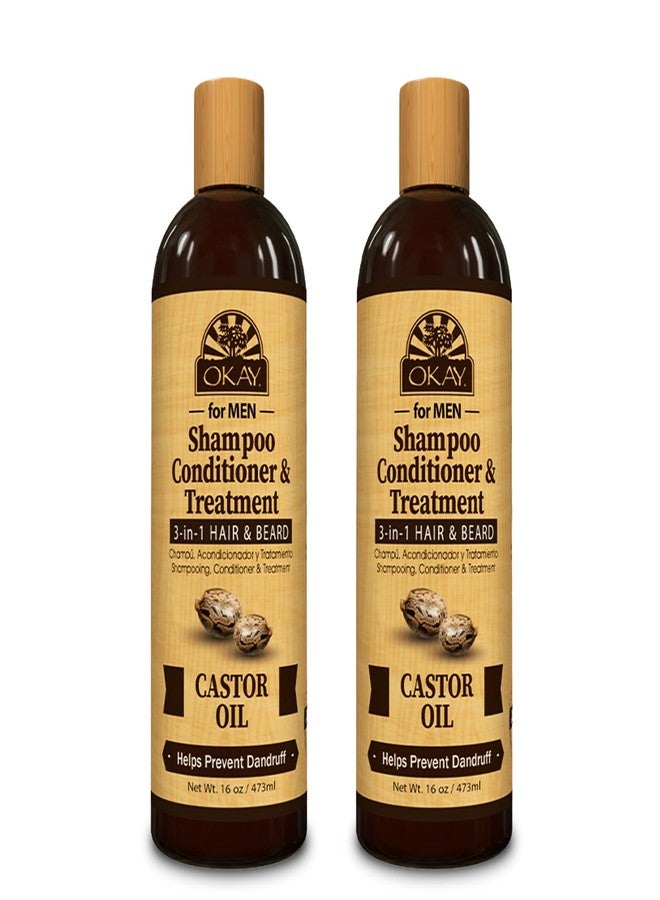 Okay-MEN 3 in 1 Shampoo and Conditioner - Castor Oil Shampoo and Conditioner, Beard Wash, Clarifying Treatment for Dry Damaged Hair, Dandruff, Curly Hair - 16 Fl Oz (Pack of 2)