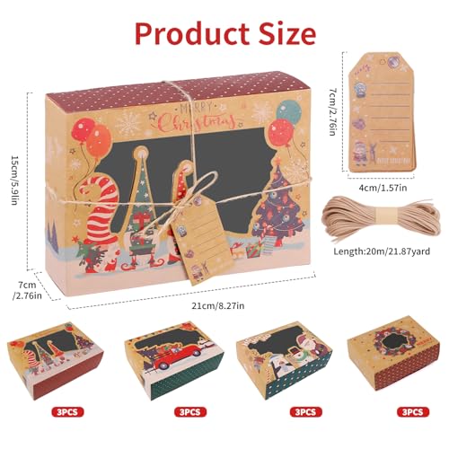 OIIVPWUL 12 PCS Christmas Cookie Boxes for Gift Giving Christmas Bakery Treat Boxes with Window Holiday Cookie Boxes with Ribbons and Tags for Xmas Party Supplies Cookie Containers Treat Tins - Image 3