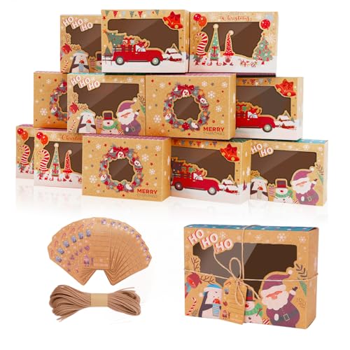 OIIVPWUL 12 PCS Christmas Cookie Boxes for Gift Giving Christmas Bakery Treat Boxes with Window Holiday Cookie Boxes with Ribbons and Tags for Xmas Party Supplies Cookie Containers Treat Tins - Image 1