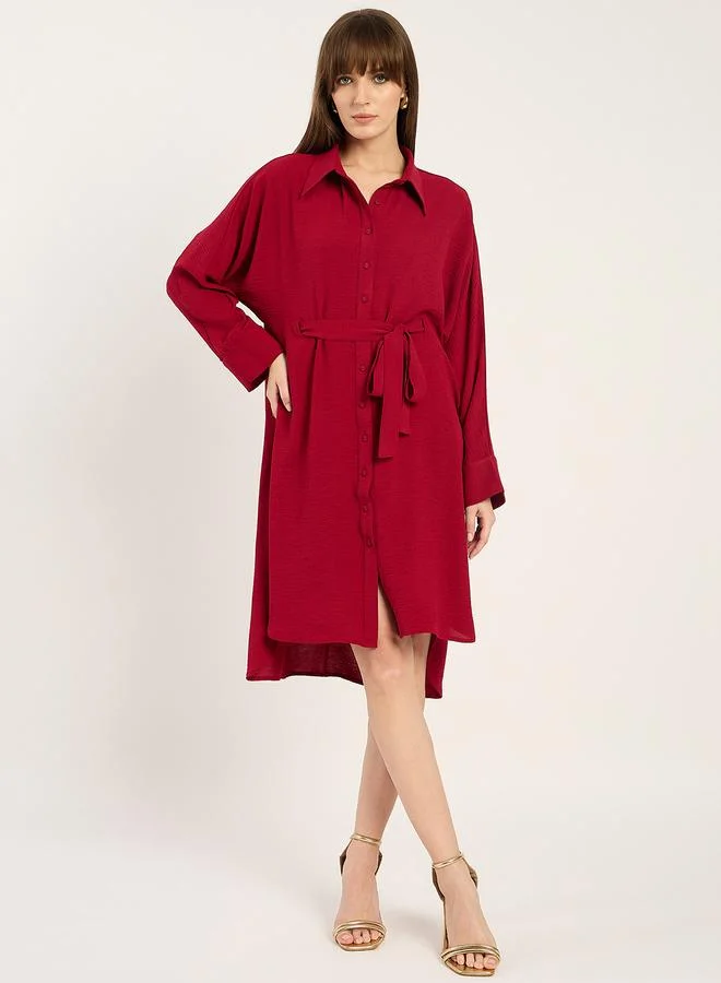 Maroon Button Down Shirt Midi Dress