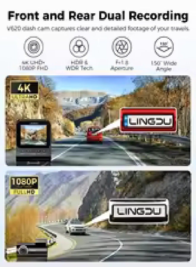 LINGDU V620 Dash Cam 4K Front and Rear 1080P,Dual Camera for Cars,2.4”Screen Dash Cam with Rear Cam Car DVR,ADAS Support,Built-in GPS,WiFi6,Bluetooth,Sets 24-hours Parking Monitor,Dash cam with Voice Control and App Control,60fps Maximum Video Transmission Frame Rate - Image 3