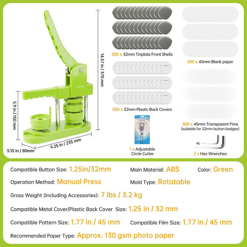 MK.Bear Button Maker Machine 32mm (1.25 in) for DIY Gift,Installation-Free Pin Maker Machine,Button Press Machine with Free 500pcs Button Parts & 100pcs Pictures &Adjustable Circle Cutter(Green) - Image 3