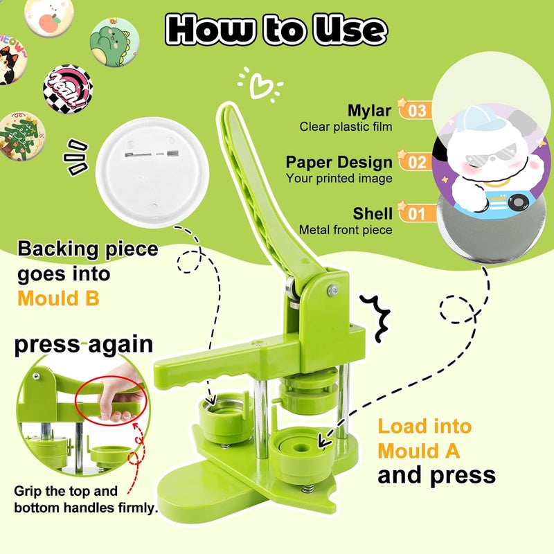 MK.Bear Button Maker Machine 32mm (1.25 in) for DIY Gift,Installation-Free Pin Maker Machine,Button Press Machine with Free 500pcs Button Parts & 100pcs Pictures &Adjustable Circle Cutter(Green) - Image 5