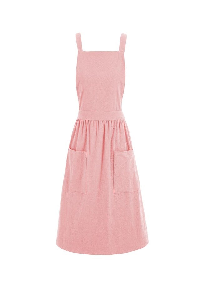 Pinknoke Cotton Linen Pinafore Apron Dress for Women with Pockets Cute Art Chef Aprons for Kitchen Baking Gardening Painting (Pink) - Image 1