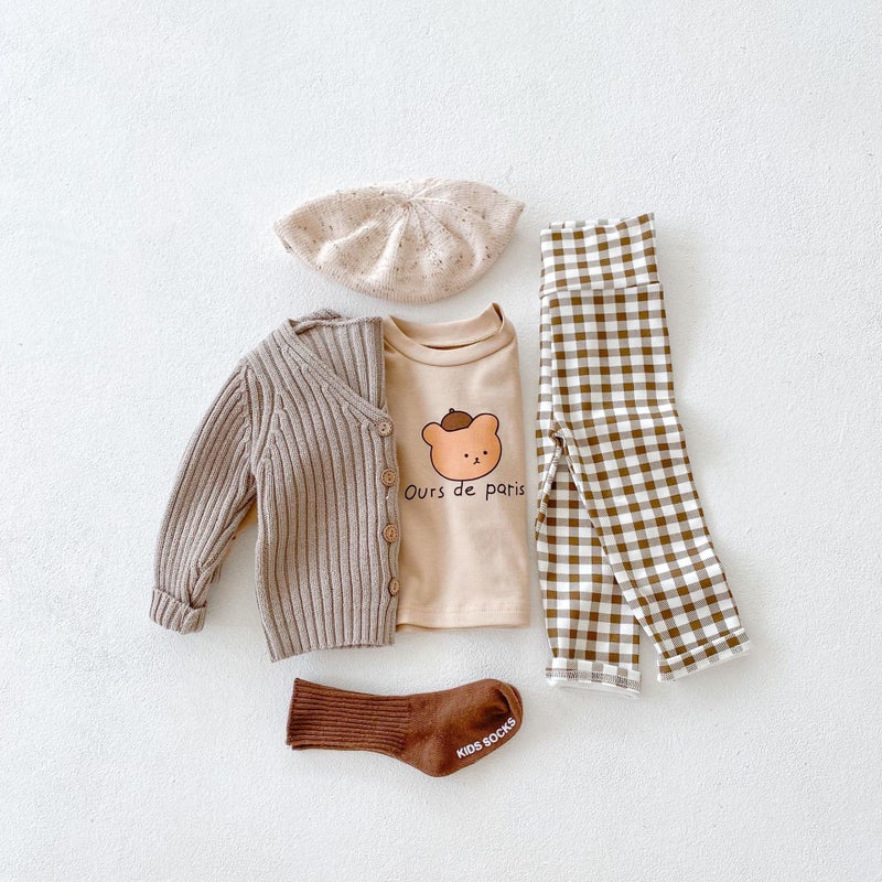 Autumn Kids Bear Print Top  High-Waist Pants Set with Knit Cardigan Khaki (top) - Image 5
