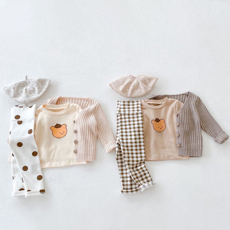 Autumn Kids Bear Print Top  High-Waist Pants Set with Knit Cardigan Khaki (top) - Image 4