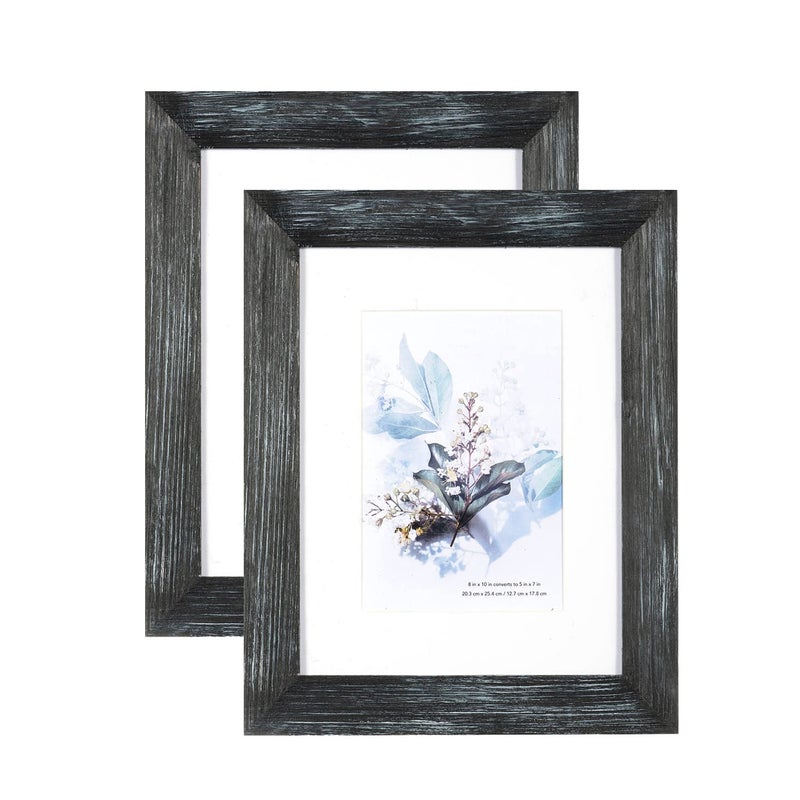 KAIWIN 100 Solid Wood Black 8x10 Picture Frame 2 Pack  Display Picture 5x7 with Mat HD Glass Inside Rustic Wooden Photo Frames for Table Top and Wall Mounting