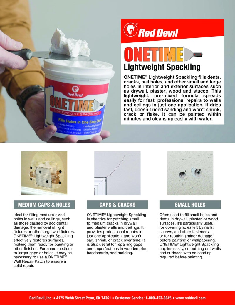 Red Devil 0542 ONETIME Lightweight Spackling, 1/2 Pint, White, 8 Ounce, Made in USA - Image 3