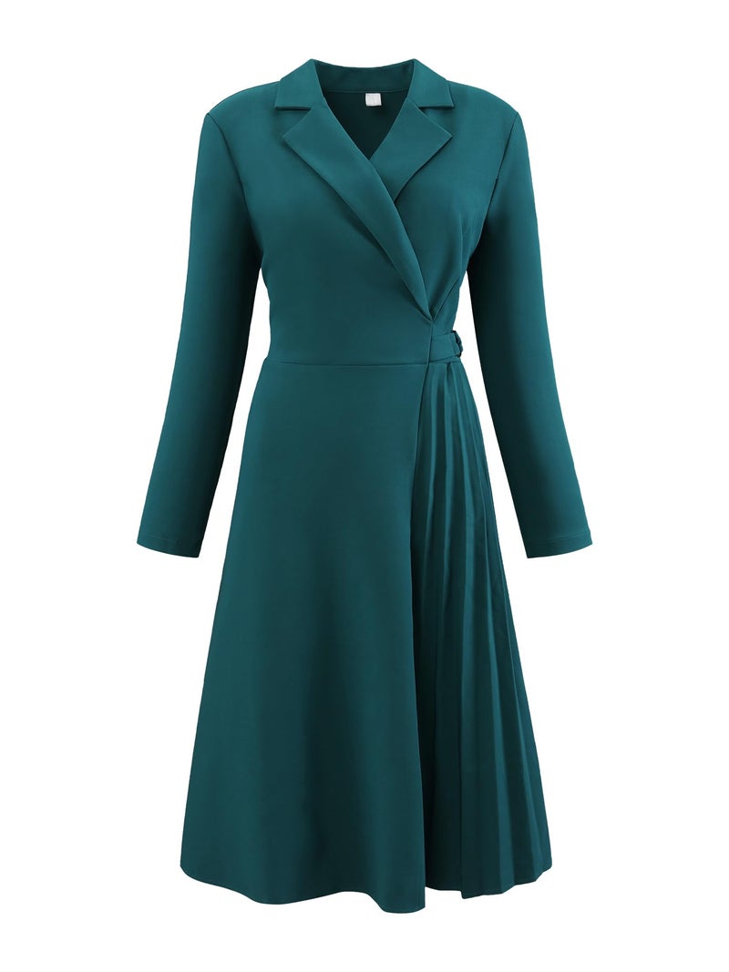 Hobemty Women's Wrap Dress A-Line Pleated Midi Long Sleeve Dresses X-Large Green Blue - Image 1