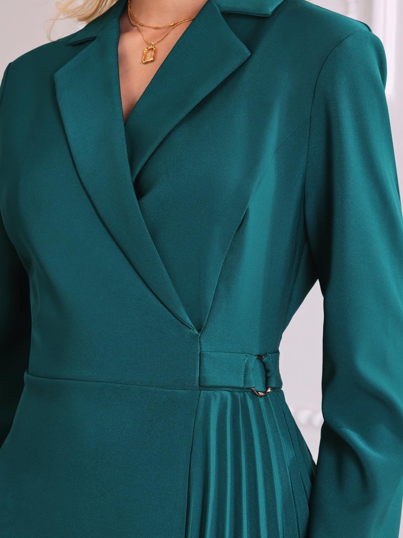 Hobemty Women's Wrap Dress A-Line Pleated Midi Long Sleeve Dresses X-Large Green Blue - Image 4