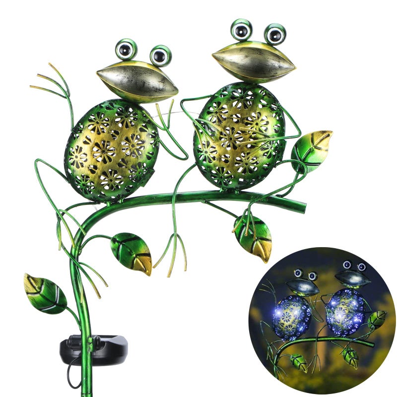Afirst Solar Lights Outdoor Decorative Metal Sitting Frogs Hollow Out White LED Metal Waterproof Garden Stake Lights for Walkway Pathway Lawn Patio Yard Decorations