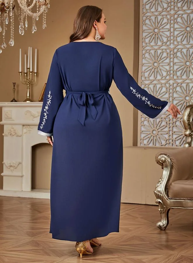 تايك تو Plus Size Navy Blue Belted Embroidered V-Neck Maxi Jalabiya