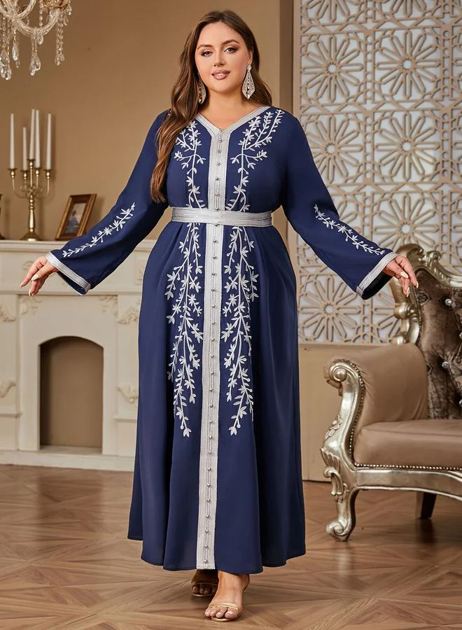 تايك تو Plus Size Navy Blue Belted Embroidered V-Neck Maxi Jalabiya