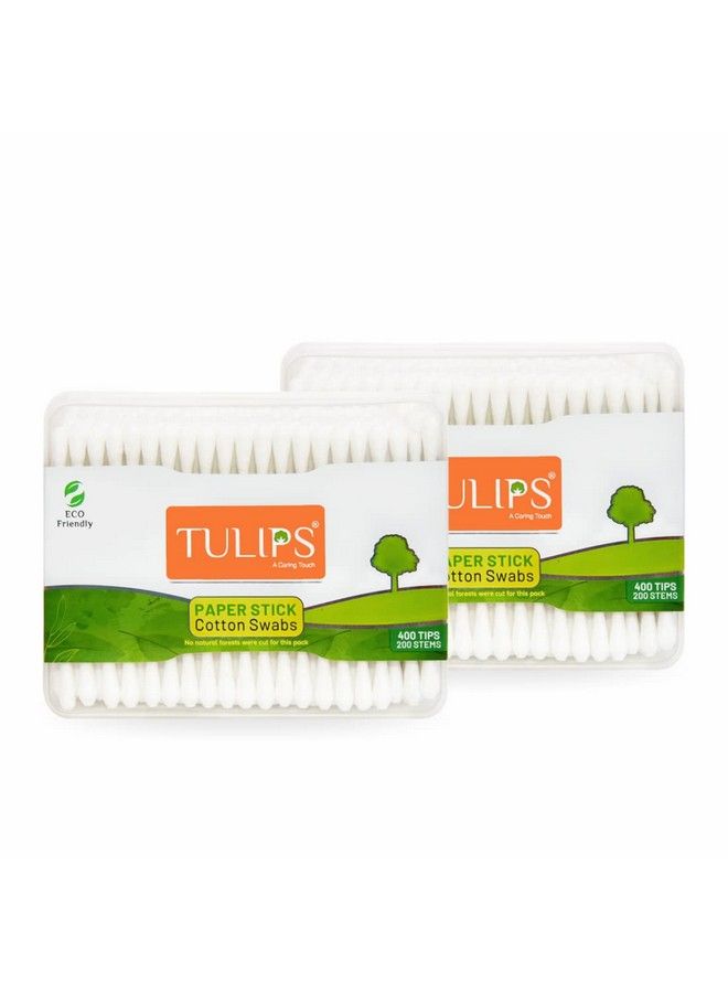 Tulips Cotton Ear Buds/Swabs (Pack Of 2) With White Paper Sticks 200/400 Tips In A Flat Box - Image 1