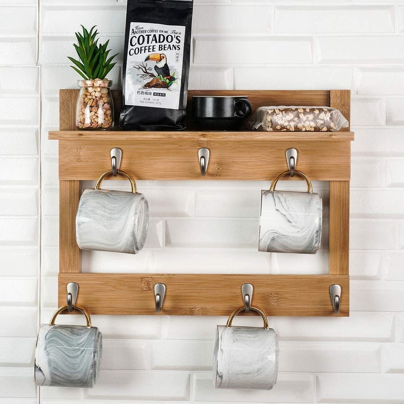 Vm decor Wall Mounted Cup Rack with ShelfCoffee Mug Holder Wood sheesham Cup Organizer with 7 Hooks Brown Finish - Image 1