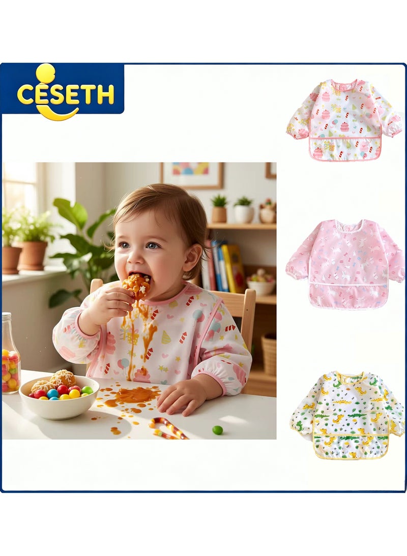 CESETH 3-Piece Baby Waterproof Long-Sleeved Apron, Resistant To Stains And Oil, Easy To Clean, Prevents Food From Getting Dirty, Adjustable Collar, Suitable For 1-3 Years Old. Say Goodbye To Chaotic Dining Scenes. It Is A Must-Have Item For Family Meals And When Preparing Food For Babies Outdoors. - Image 1