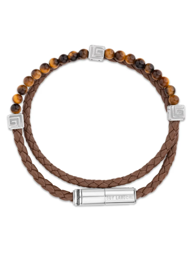 Guy Laroche Victor Brown Leather And Tiger Eye Beads Bracelet