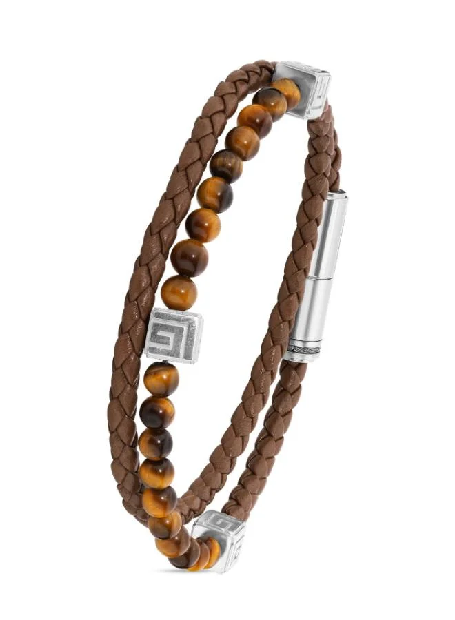 Guy Laroche Victor Brown Leather and Tiger Eye Beads Bracelet for Men