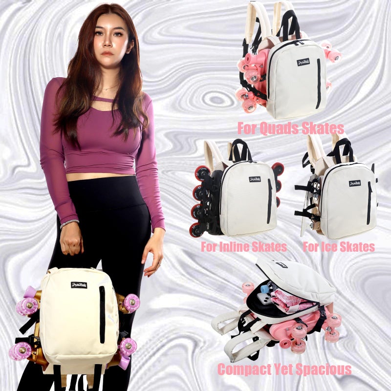 JajaHoho Roller skates bags for Women Men, Multi-functional Sports Backpack for Rollerskates, Ice skates, Inline skates, Skate Gear Storage, Durable and Stylish, 11.8 x 9 x 2.8 inches (Beige White) - Image 2