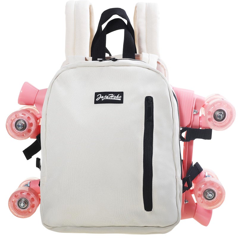 JajaHoho Roller skates bags for Women Men, Multi-functional Sports Backpack for Rollerskates, Ice skates, Inline skates, Skate Gear Storage, Durable and Stylish, 11.8 x 9 x 2.8 inches (Beige White) - Image 4