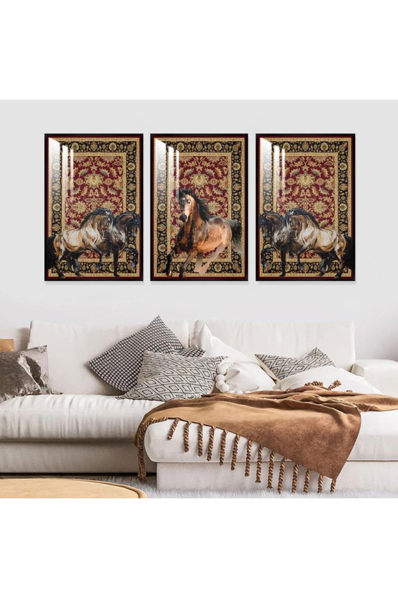 Marktna Three wooden wall painting with a horse design, with a frame and a clear acrylic layer. - Image 1