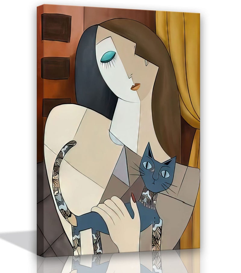 Picasso Style Woman with Cat Wall Art  Abstract Cubist Canvas Painting  Modern Home Dcor Wall Art Prints  Gallery Wrapped Canvas Picture for Living Room Bedroom Office  16x24