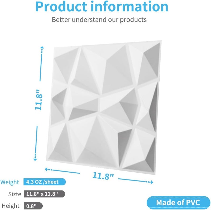 Art3d 33 عبوة من ألواح PVC الزخرفية 12"x12" لتزيين الجدران الداخلية لغرفة المعيشة خلفية التلفاز تزيين غرفة الألعاب بتصميم ماسي باللون الأبيض غير اللامع - Image 4