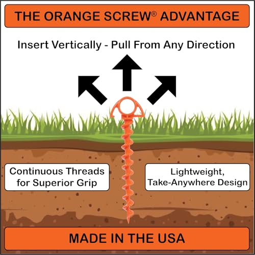 Orange Screw Ultimate Ground Anchors: Heavy Duty Screw-in Tent Stakes for High Wind, Sand, Canopies, and Camping - Made in USA, Included T-Grip Tool - (Small, Single Pack, Orange) - Image 3