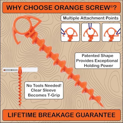 Orange Screw Ultimate Ground Anchors: Heavy Duty Screw-in Tent Stakes for High Wind, Sand, Canopies, and Camping - Made in USA, Included T-Grip Tool - (Small, Single Pack, Orange) - Image 2