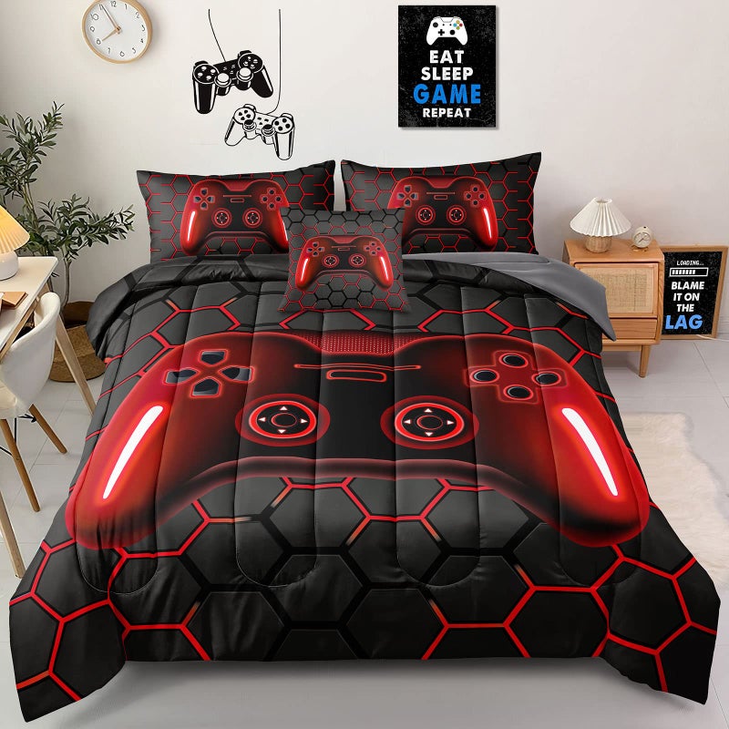 Z.Jian HOME ZJian HOME 6 Pieces Gaming Bedding Set Full Size for Boys Gamer Comforter Set for Boys Girls Kids Teens 6 Piece Bed in A Bag Video Game Bedding for Gamer Room Decorative Full46 
