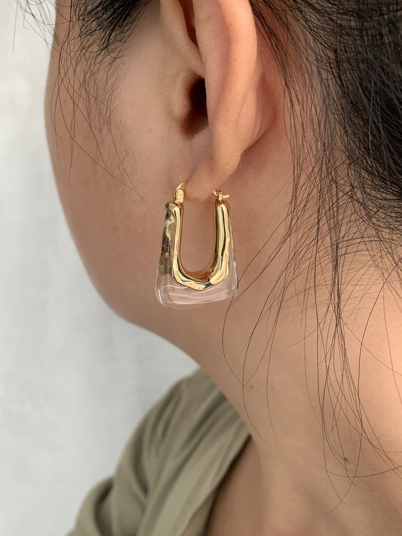 YESLADY Acrylic Hoop Earrings Gold Lucite Transparent Resin Rectangle Clear Hoops for Women - Image 2