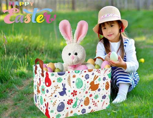 BOOHIT Rectangle Empty Easter Baskets Boy Large Toy Storage Bin Girls collapsible Hamper Waterproof Canvas Box Kid Gifts Spring Decor( boho Red Rabbit ) - Image 5