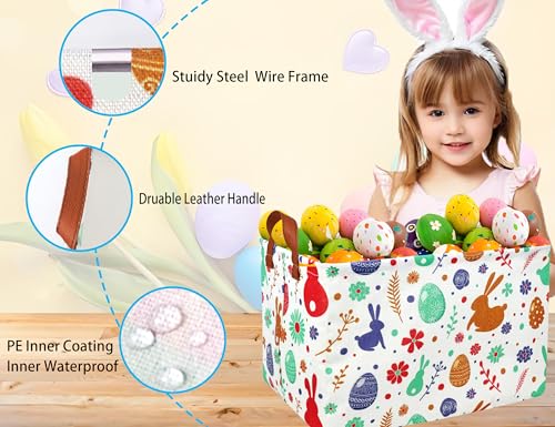 BOOHIT Rectangle Empty Easter Baskets Boy Large Toy Storage Bin Girls collapsible Hamper Waterproof Canvas Box Kid Gifts Spring Decor( boho Red Rabbit ) - Image 4