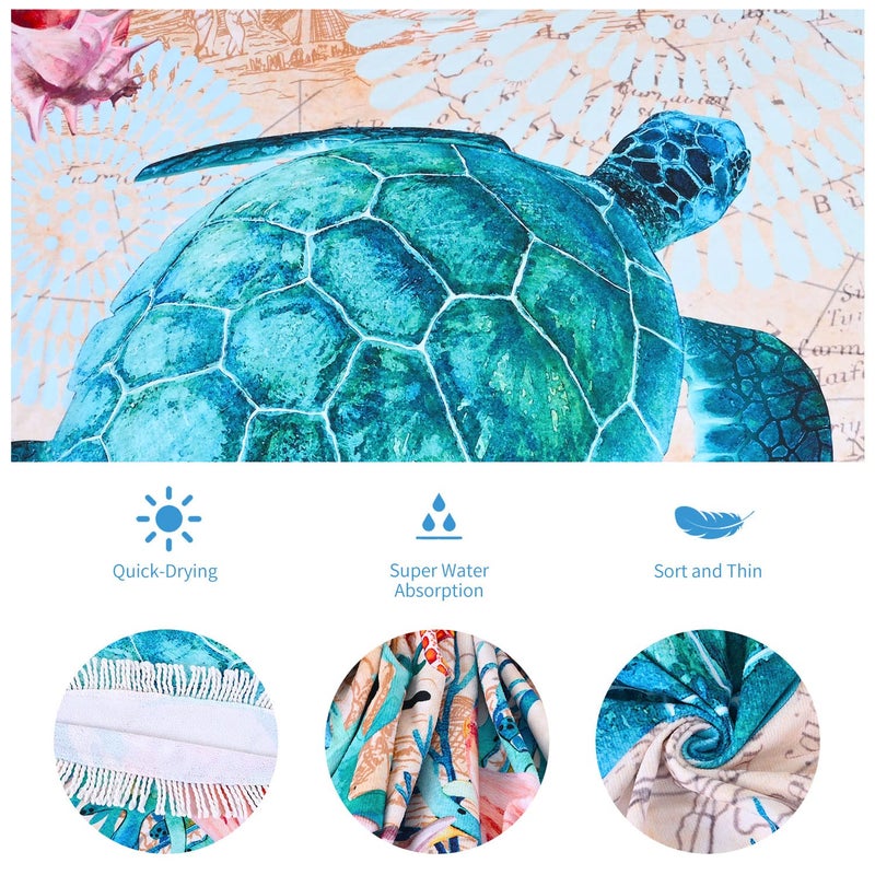LIVILAN Sea Turtle Round Beach Towel, Microfiber, 59" Diameter, Quick Dry, Sand Free, Ocean Sea Turtle Gifts - Image 3