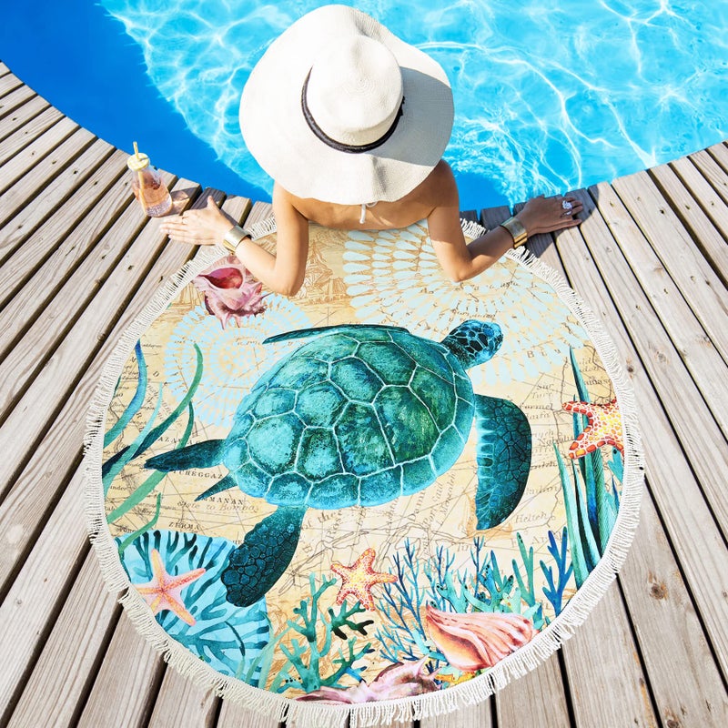 LIVILAN Sea Turtle Round Beach Towel, Microfiber, 59" Diameter, Quick Dry, Sand Free, Ocean Sea Turtle Gifts - Image 2