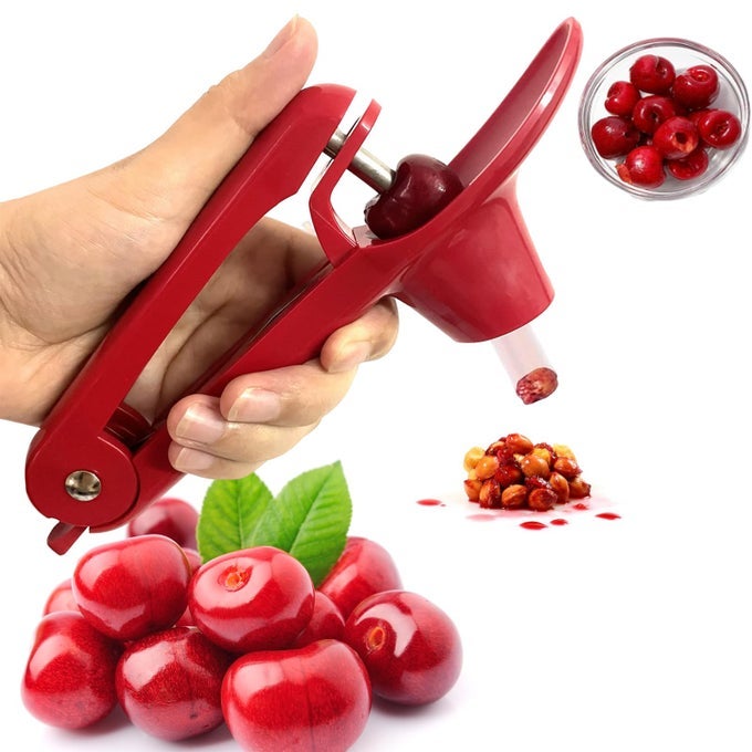 CHERRY PITTER HEAVYDUTY STAINLESS STEEL OLIVE AND CHERRY PITTERS CORER TOOL WITH SPACESAVING LOCK DESIGN MULTIFUNCTION CHERRIES STONER SEED REMOVER TOOL FOR MAKING CHERRY JAM RED