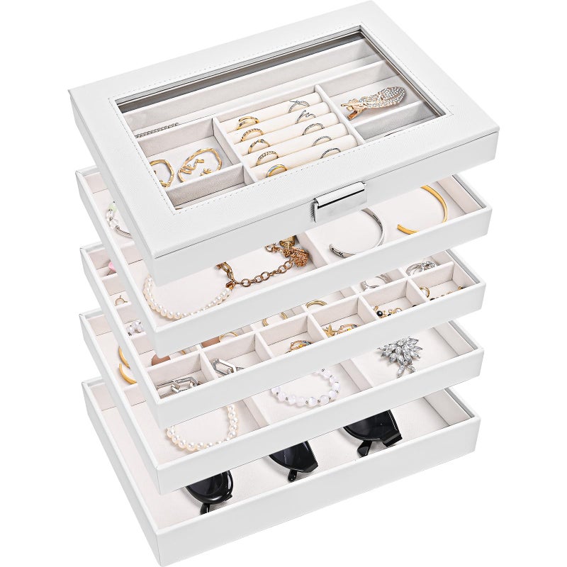 ProCase 5 Layers Stackable Jewelry Tray Box Stackers Jewelry Trays for Dresser Drawer Storage Jewelry Organizer Case with Lid White - Image 2