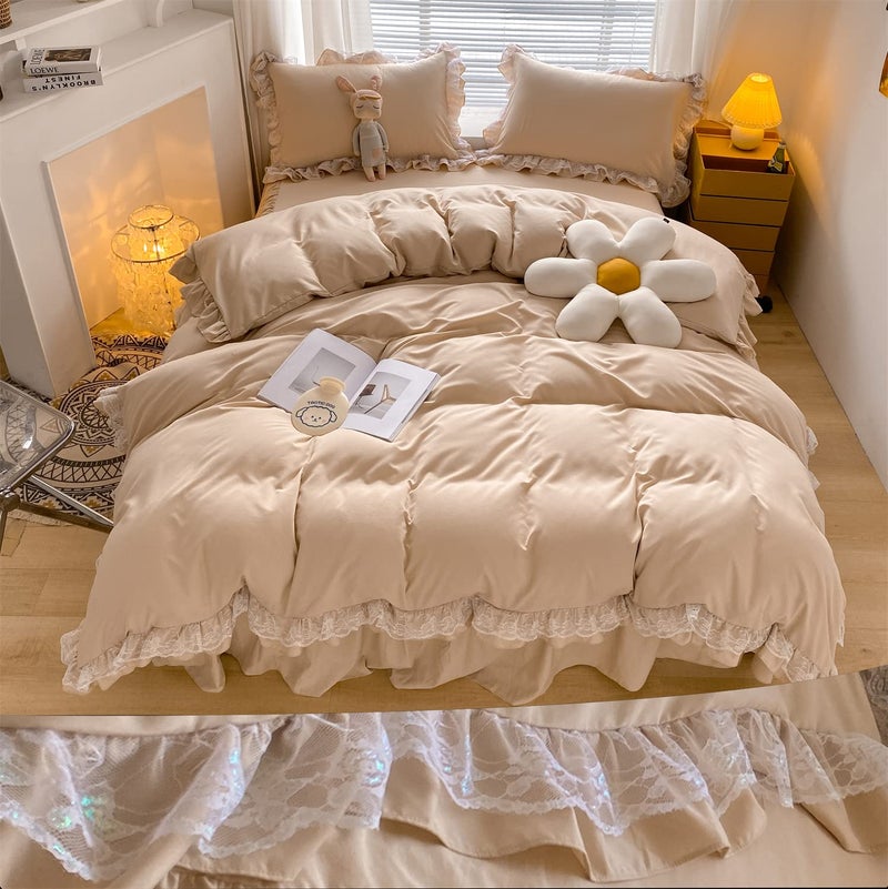 MOOWOO Chic Ruffle Lace Polyester Duvet Cover Set - Luxury Premium Champagne Bedding-2 Piece Twin Duvet Cover with Zipper Closure -Ultra Soft and Light Weightt (Champagne, Twin)-NO Including Comforter - Image 1