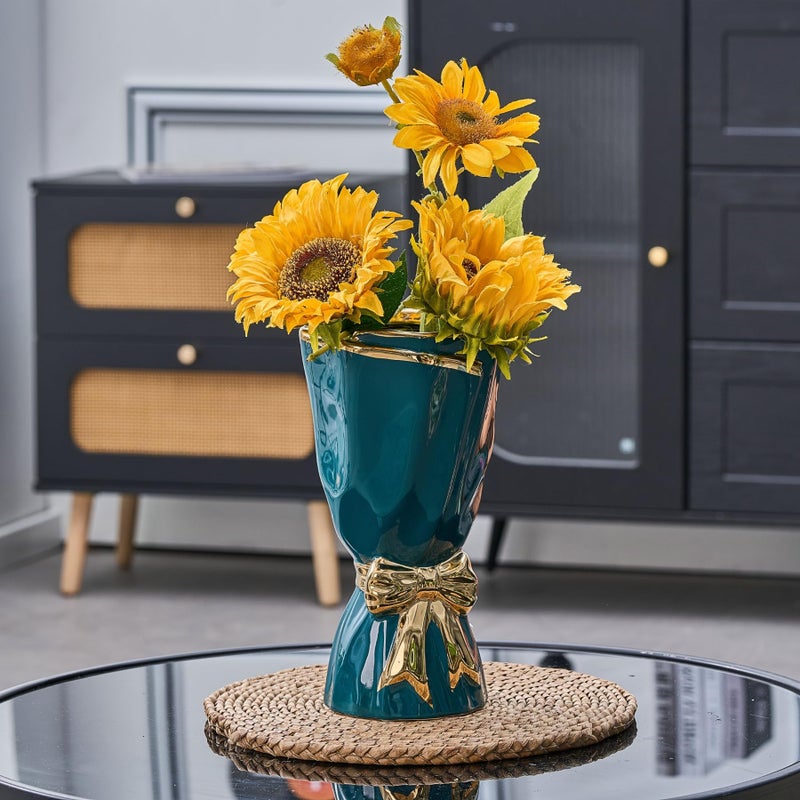 WLGRANJIA Bow Vase for Home Decor, Gold Vase for Boho Style, 9.65 Inch Large Vases for Ideal Table Decor, Living Room. Ceramic Flower Vases. ï¼ˆGlazed Exterior and Interiorï¼‰ (Green, Large) - Image 4