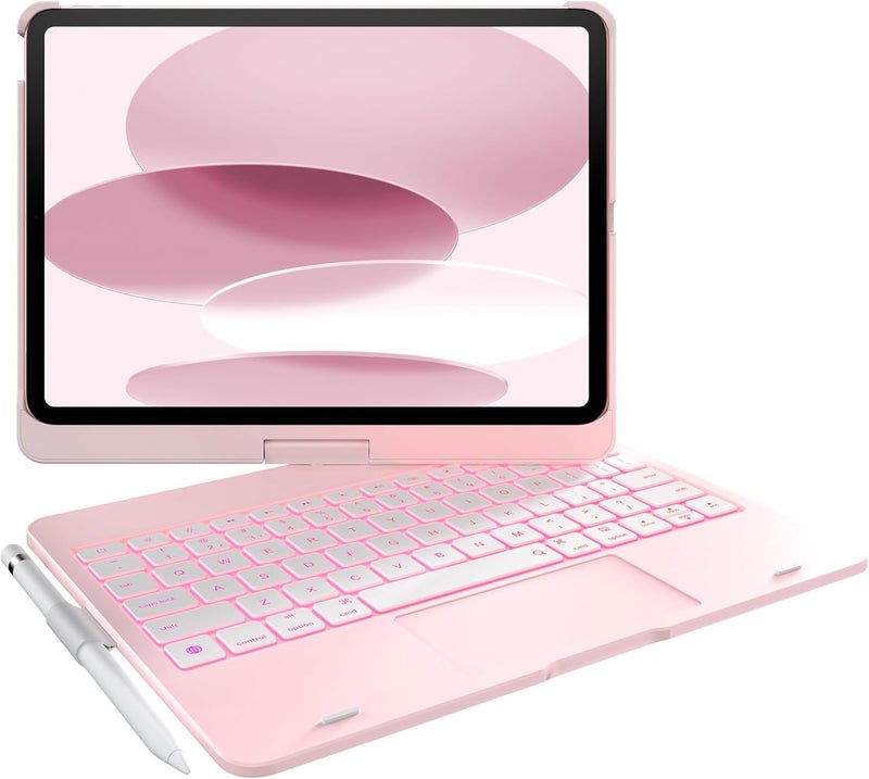 typecase لوحة مفاتيح تعمل باللمس لجهاز iPad الجديد A16 2025 (11 بوصة) و iPad الجيل العاشر مع لوحة تتبع متعددة اللمس، إضاءة خلفية بـ 11 لون، تصميم دوار 360°، غلاف لوحة مفاتيح بلوتوث، حامل قلم (وردي فاتح'25) - Image 1