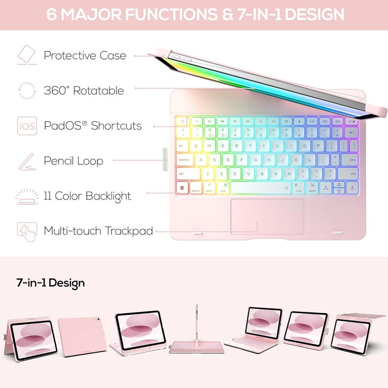 typecase لوحة مفاتيح تعمل باللمس لجهاز iPad الجديد A16 2025 (11 بوصة) و iPad الجيل العاشر مع لوحة تتبع متعددة اللمس، إضاءة خلفية بـ 11 لون، تصميم دوار 360°، غلاف لوحة مفاتيح بلوتوث، حامل قلم (وردي فاتح'25) - Image 4