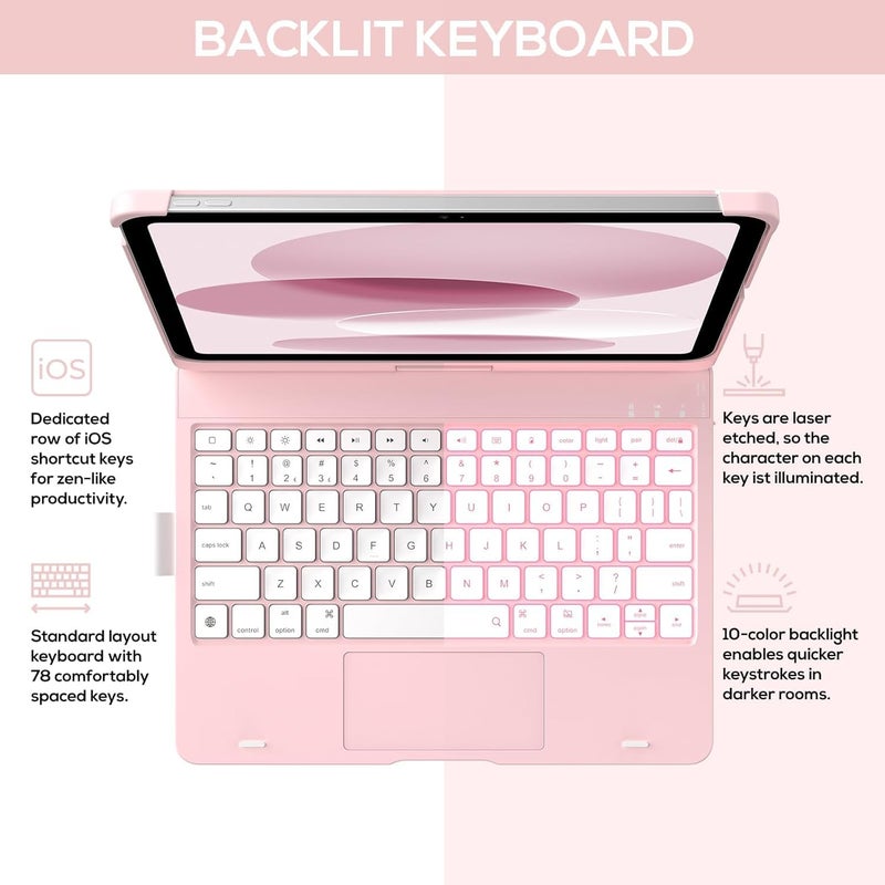 typecase لوحة مفاتيح تعمل باللمس لجهاز iPad الجديد A16 2025 (11 بوصة) و iPad الجيل العاشر مع لوحة تتبع متعددة اللمس، إضاءة خلفية بـ 11 لون، تصميم دوار 360°، غلاف لوحة مفاتيح بلوتوث، حامل قلم (وردي فاتح'25) - Image 3