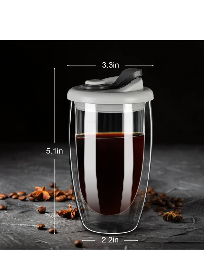 Excefore - كوب قهوة زجاجي مزدوج الجدار مع غطاء سيليكون - 15 أونصة كوب معزول للمشروبات الساخنة والباردة - كوب زجاجي مزدوج الجدار عالي البورسليكات للسفر والاستخدام المنزلي (رمادي) - Image 1