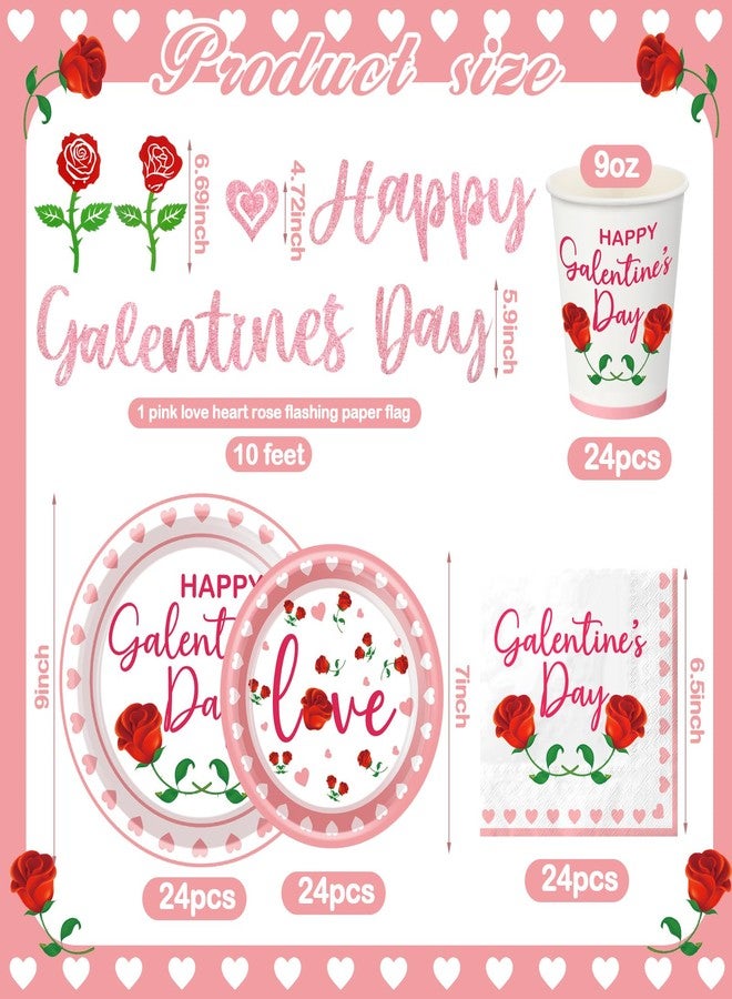 Pickmesh Galentines Day Decorations 97 Pcs Pink Rose Glitter Happy Galentine's Day Decorations Set Include Banner, Plates, Napkins, Cups Heart Banner for Ladies Gang Valentines Party Serve 24 - Image 2