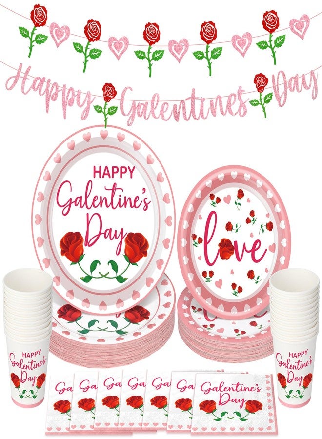 Pickmesh Galentines Day Decorations 97 Pcs Pink Rose Glitter Happy Galentine's Day Decorations Set Include Banner, Plates, Napkins, Cups Heart Banner for Ladies Gang Valentines Party Serve 24 - Image 1