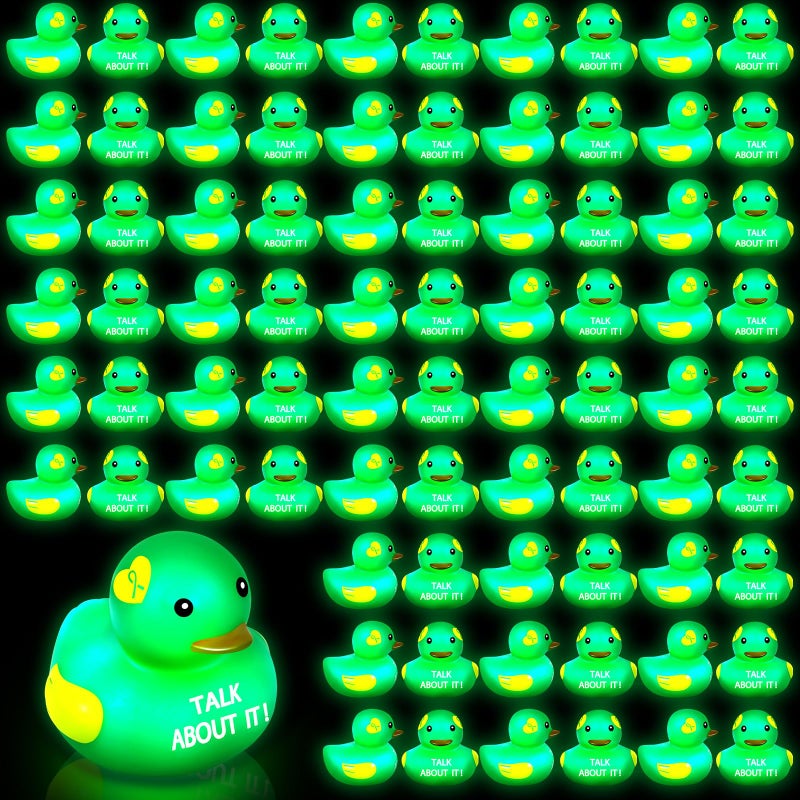 Deekin 100 Pcs LED Light up Mental Health Rubber Duck Mental Health Awareness Items 2 Green Ribbon Cute Small Rubber Ducks Glow Toy Gifts for Fundraiser Party Supplies - Image 3