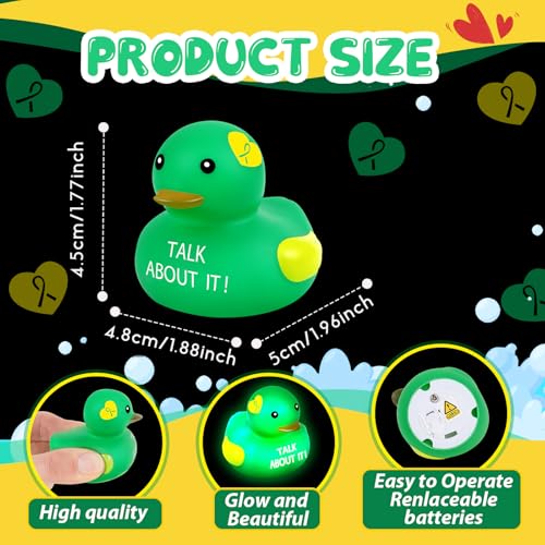 Deekin 100 Pcs LED Light up Mental Health Rubber Duck Mental Health Awareness Items 2 Green Ribbon Cute Small Rubber Ducks Glow Toy Gifts for Fundraiser Party Supplies - Image 5