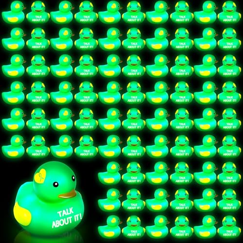 Deekin 100 Pcs LED Light up Mental Health Rubber Duck Mental Health Awareness Items 2 Green Ribbon Cute Small Rubber Ducks Glow Toy Gifts for Fundraiser Party Supplies - Image 1